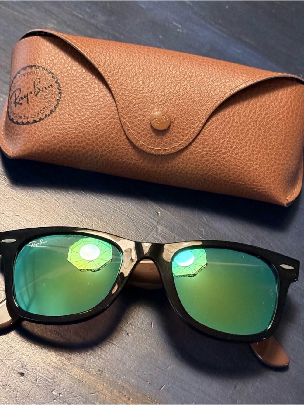 Ray-Ban Black Frame Sunglasses with Green Mirror Lenses